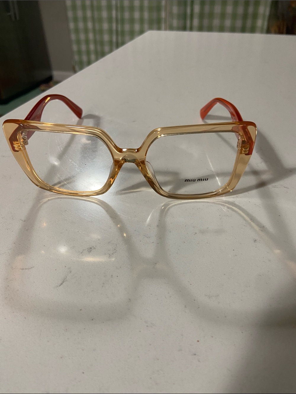Miu Miu Women's Transparent Peach Square Glasses with orange Temples